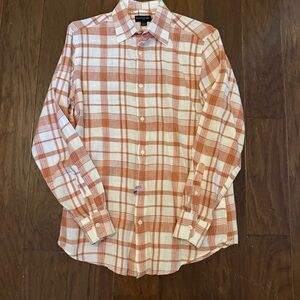 Banana Republic Men's White and Orange Plaid Linen Shirt